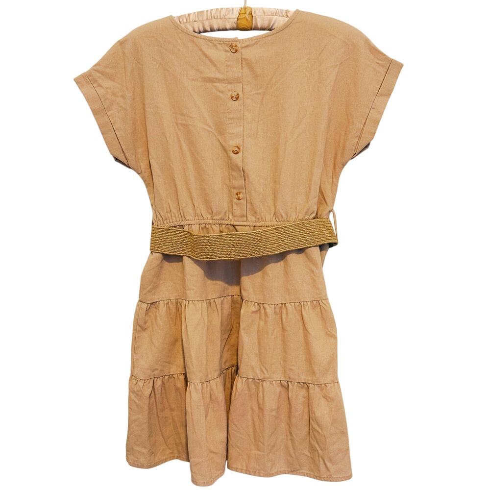 Womens Tiered Belted Ruffle Dress Medium Beige Boho Granola Quiet Luxury Fall - Picture 3 of 10